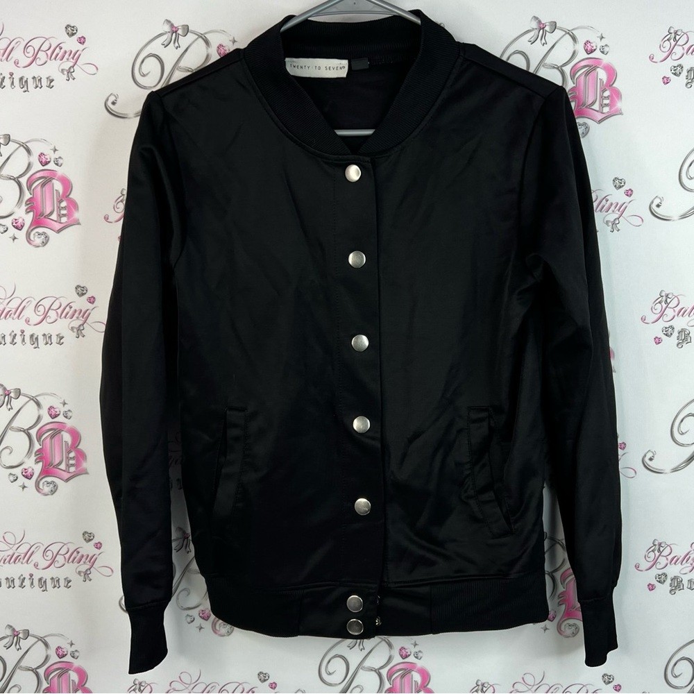 Twenty To Seven Button Up Shiny Shimmer Trendy Black Bomber Jacket For Women